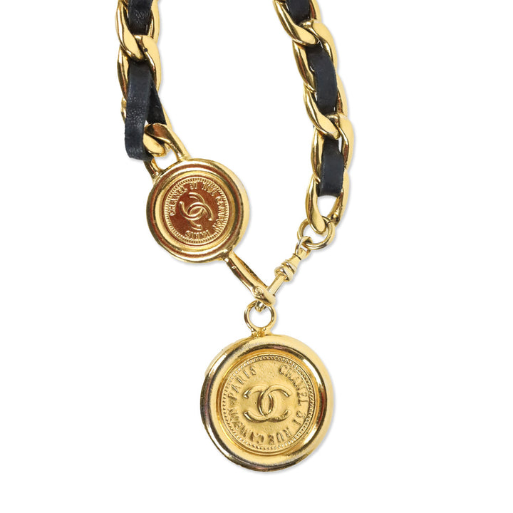 Chanel Vintage 1994 Black Leather Gold Chain-Link Medallion Belt