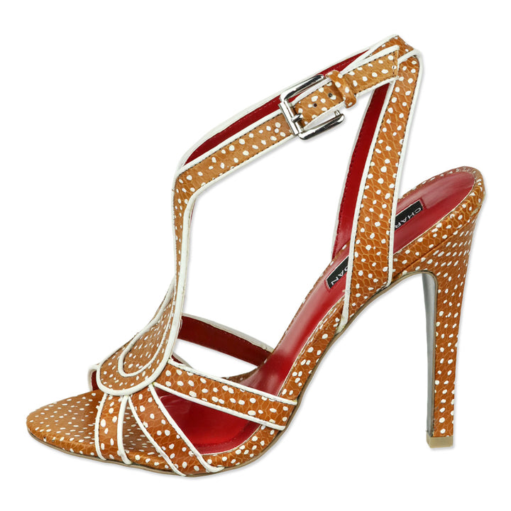 Charles Jourdan Tan/White Polka Dot Leather Strap Sandals
