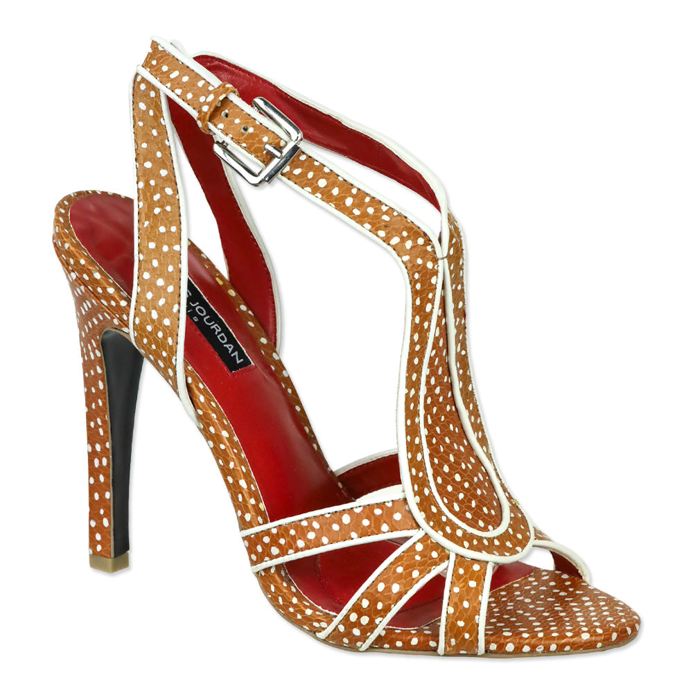 Charles Jourdan Tan/White Polka Dot Leather Strap Sandals