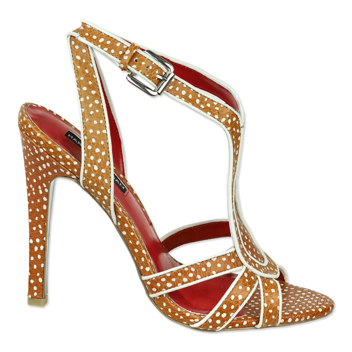 Charles Jourdan Tan/White Polka Dot Leather Strap Sandals