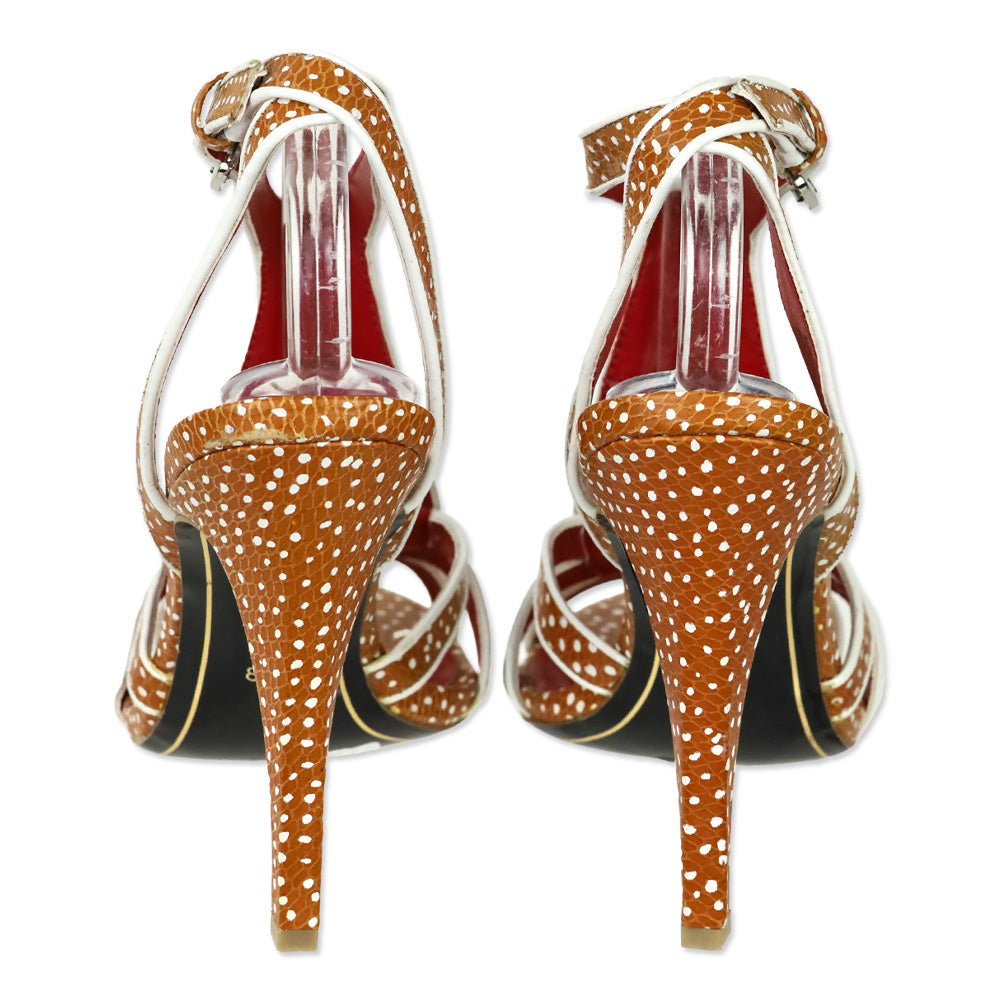 Charles Jourdan Tan/White Polka Dot Leather Strap Sandals