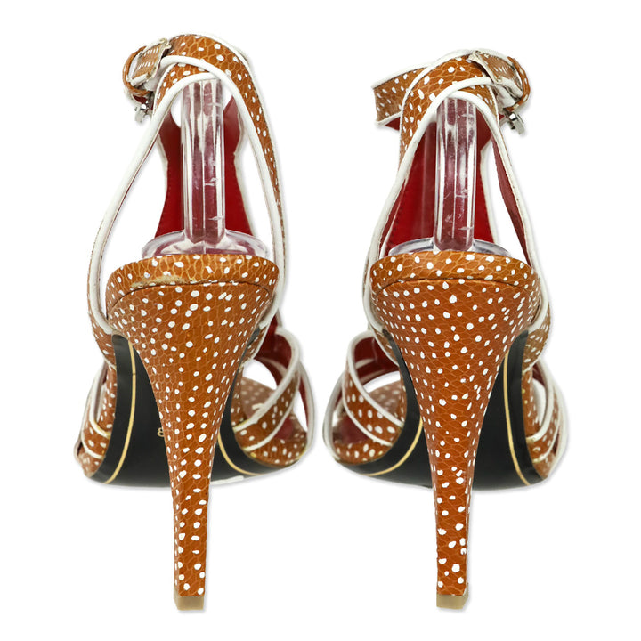 Charles Jourdan Tan/White Polka Dot Leather Strap Sandals
