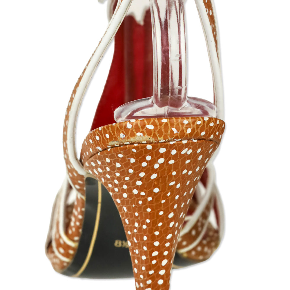 Charles Jourdan Tan/White Polka Dot Leather Strap Sandals