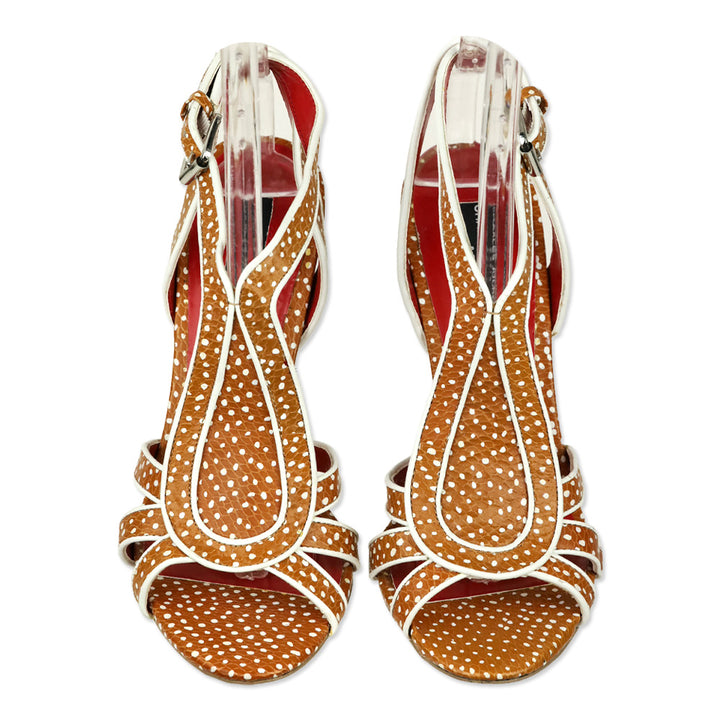 Charles Jourdan Tan/White Polka Dot Leather Strap Sandals