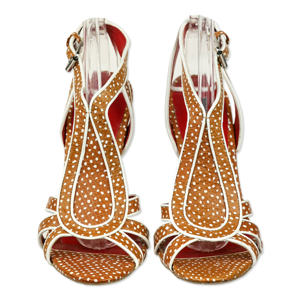 Charles Jourdan Tan/White Polka Dot Leather Strap Sandals