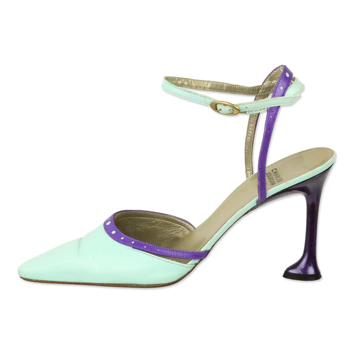 Charles Jourdan Teal Leather Purple Brouge Trim Ankle-Strap Pump