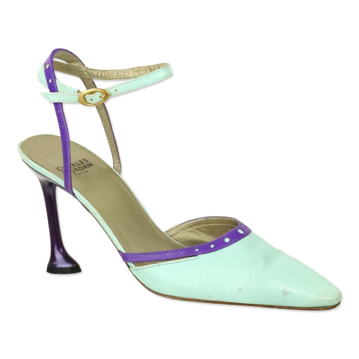 Charles Jourdan Teal Leather Purple Brouge Trim Ankle-Strap Pump