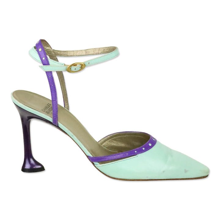Charles Jourdan Teal Leather Purple Brouge Trim Ankle-Strap Pump
