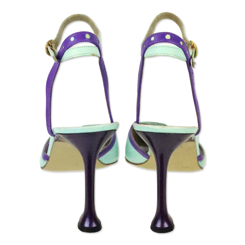 Charles Jourdan Teal Leather Purple Brouge Trim Ankle-Strap Pump