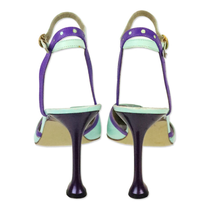 Charles Jourdan Teal Leather Purple Brouge Trim Ankle-Strap Pump