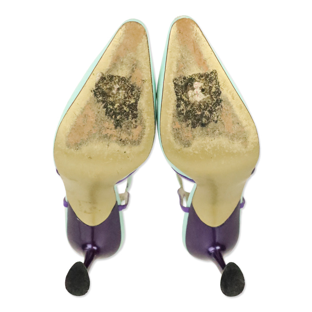 Charles Jourdan Teal Leather Purple Brouge Trim Ankle-Strap Pump