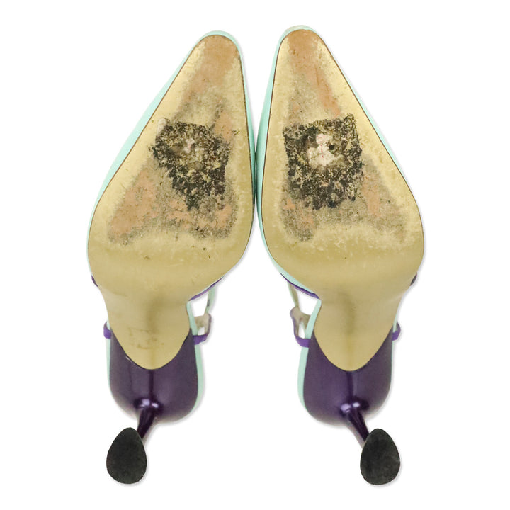 Charles Jourdan Teal Leather Purple Brouge Trim Ankle-Strap Pump