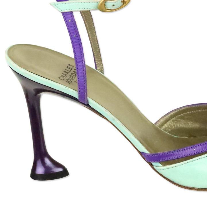 Charles Jourdan Teal Leather Purple Brouge Trim Ankle-Strap Pump