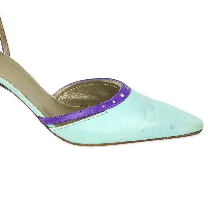 Charles Jourdan Teal Leather Purple Brouge Trim Ankle-Strap Pump