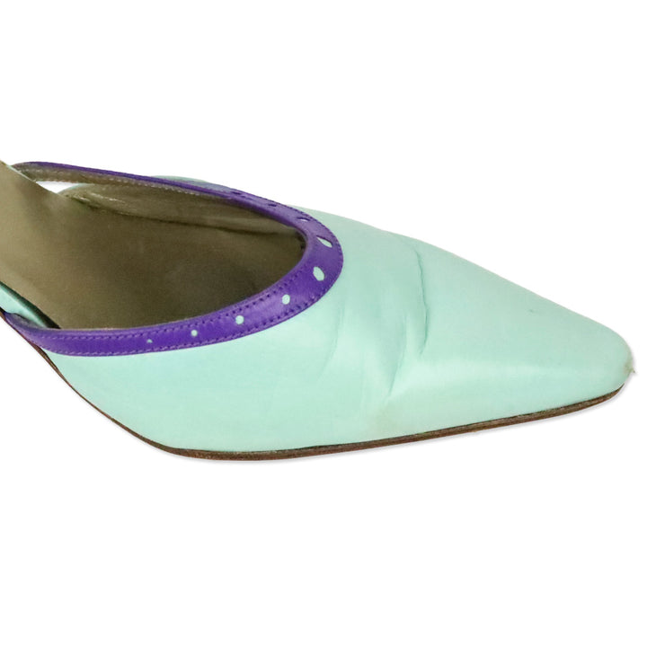 Charles Jourdan Teal Leather Purple Brouge Trim Ankle-Strap Pump