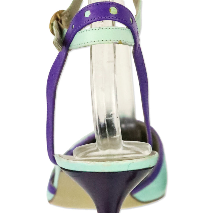 Charles Jourdan Teal Leather Purple Brouge Trim Ankle-Strap Pump