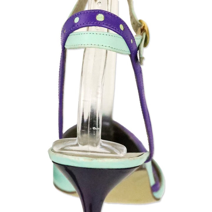 Charles Jourdan Teal Leather Purple Brouge Trim Ankle-Strap Pump
