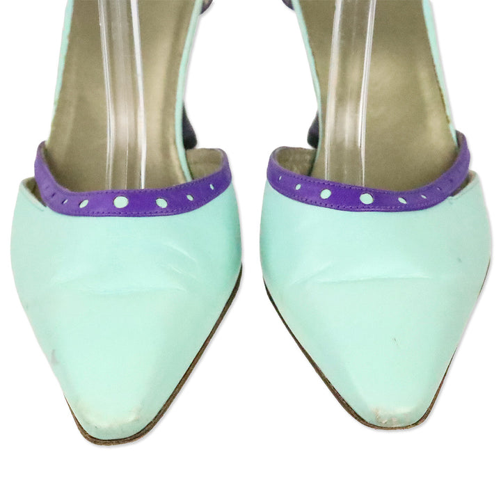Charles Jourdan Teal Leather Purple Brouge Trim Ankle-Strap Pump