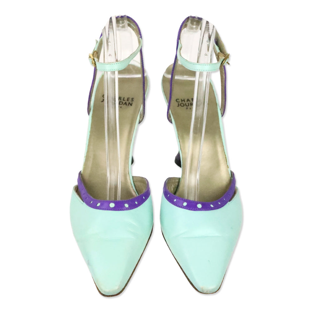 Charles Jourdan Teal Leather Purple Brouge Trim Ankle-Strap Pump