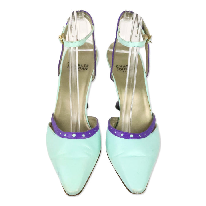 Charles Jourdan Teal Leather Purple Brouge Trim Ankle-Strap Pump