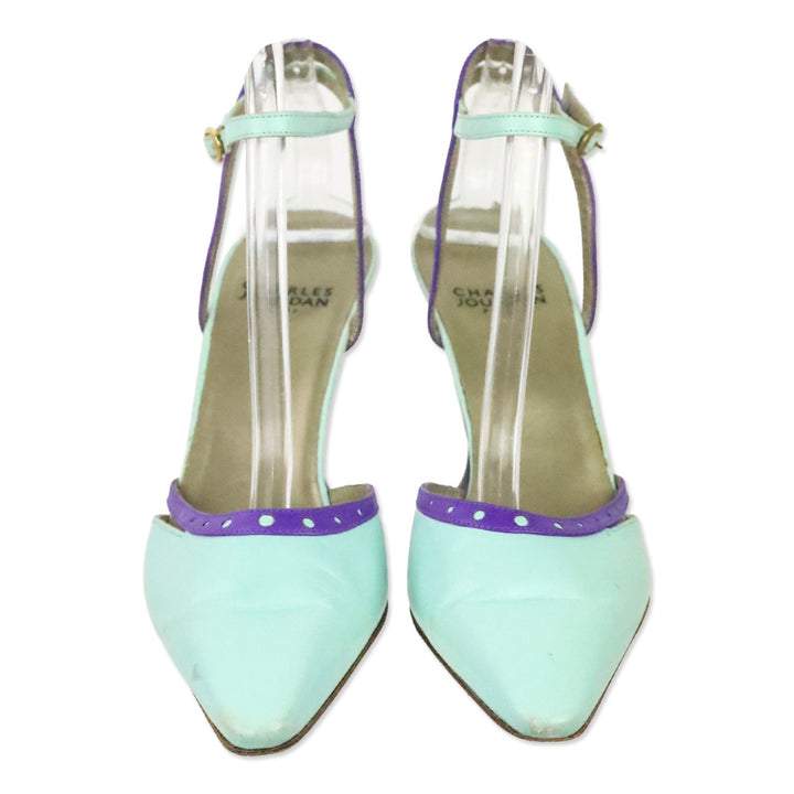 Charles Jourdan Teal Leather Purple Brouge Trim Ankle-Strap Pump