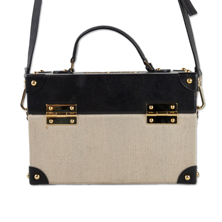 Charlotte Olympia Black Leather Beige Canvas Briefcase