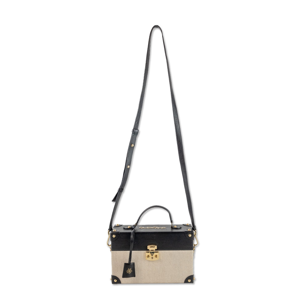 Charlotte Olympia Black Leather Beige Canvas Briefcase