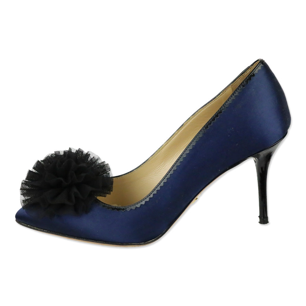 Charlotte Olympia Blue Satin Tulle Pom-Pom Pump