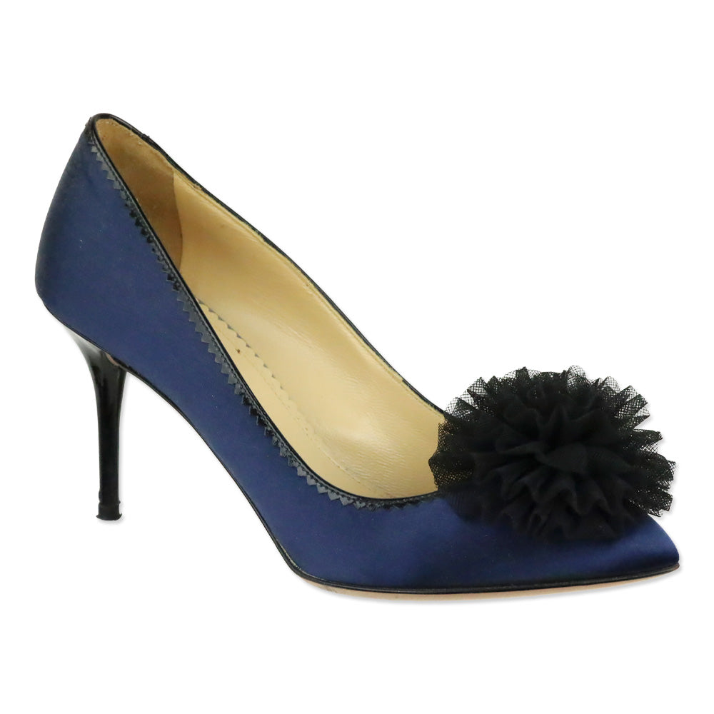 Charlotte Olympia Blue Satin Tulle Pom-Pom Pump