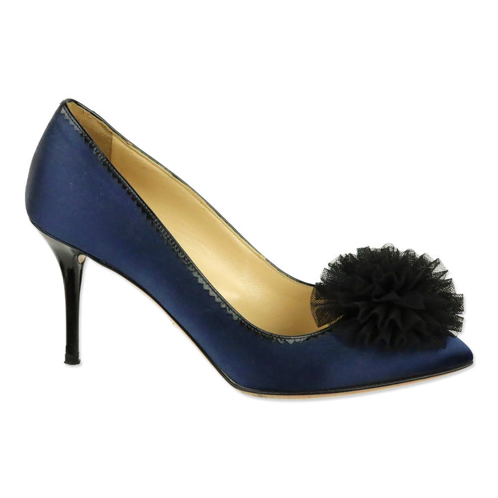 Charlotte Olympia Blue Satin Tulle Pom-Pom Pump