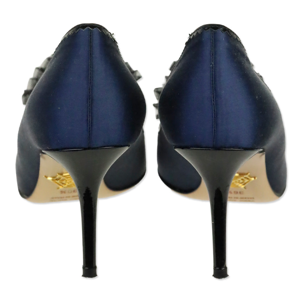 Charlotte Olympia Blue Satin Tulle Pom-Pom Pump