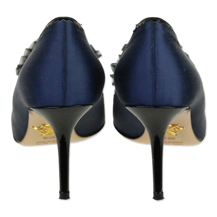 Charlotte Olympia Blue Satin Tulle Pom-Pom Pump