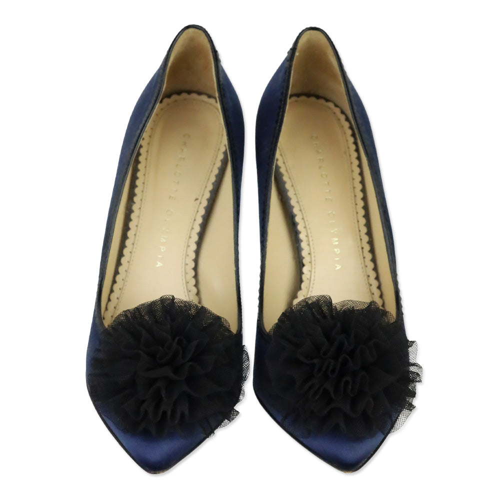 Charlotte Olympia Blue Satin Tulle Pom-Pom Pump