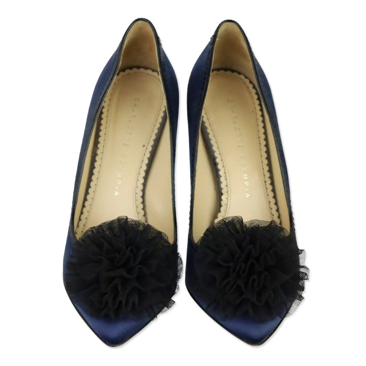 Charlotte Olympia Blue Satin Tulle Pom-Pom Pump