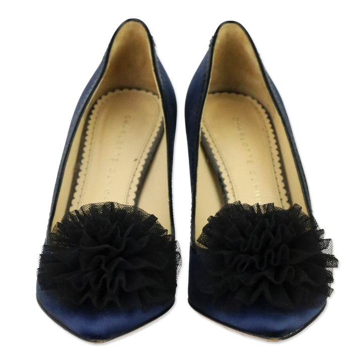 Charlotte Olympia Blue Satin Tulle Pom-Pom Pump
