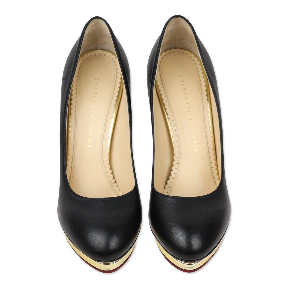 Charlotte Olympia Dotty 125 Black/Gold Leather Platform Pump