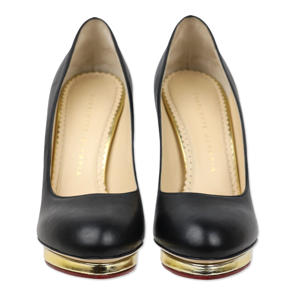 Charlotte Olympia Dotty 125 Black/Gold Leather Platform Pump