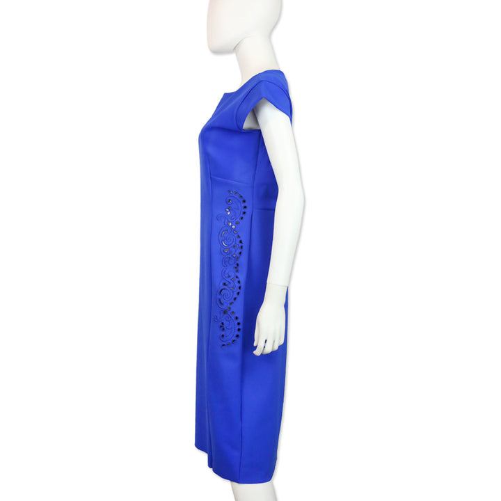 Chiara Boni Blue Jersey Paisley Eyelet Boat Neck Midi Dress