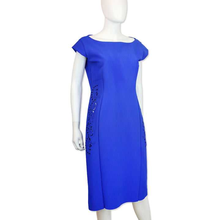 Chiara Boni Blue Jersey Paisley Eyelet Boat Neck Midi Dress