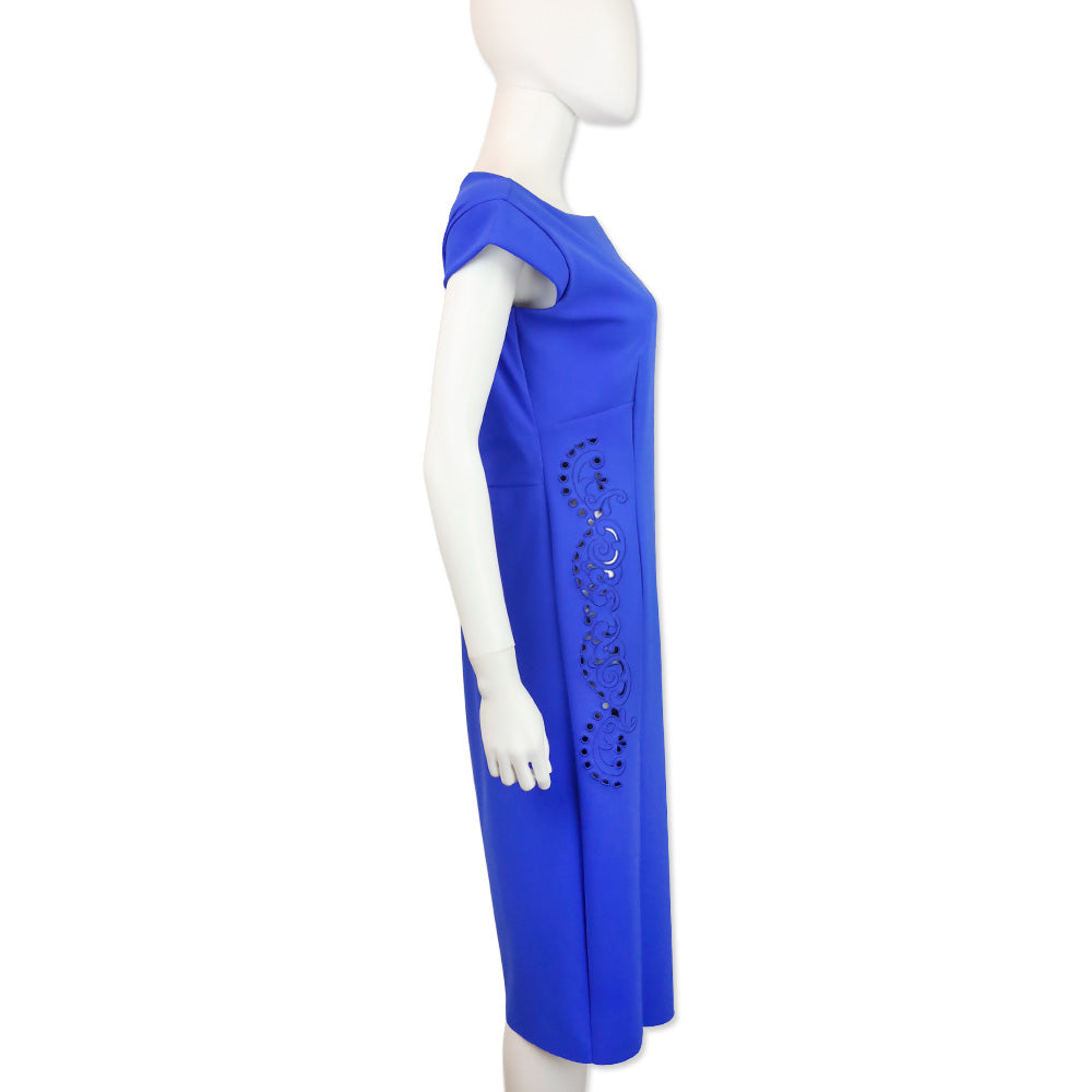 Chiara Boni Blue Jersey Paisley Eyelet Boat Neck Midi Dress
