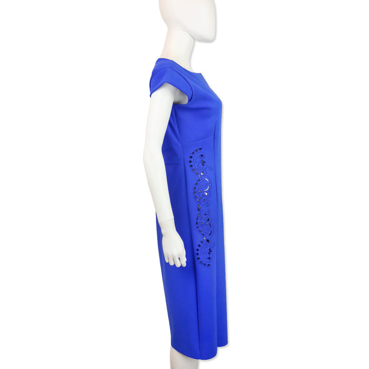 Chiara Boni Blue Jersey Paisley Eyelet Boat Neck Midi Dress