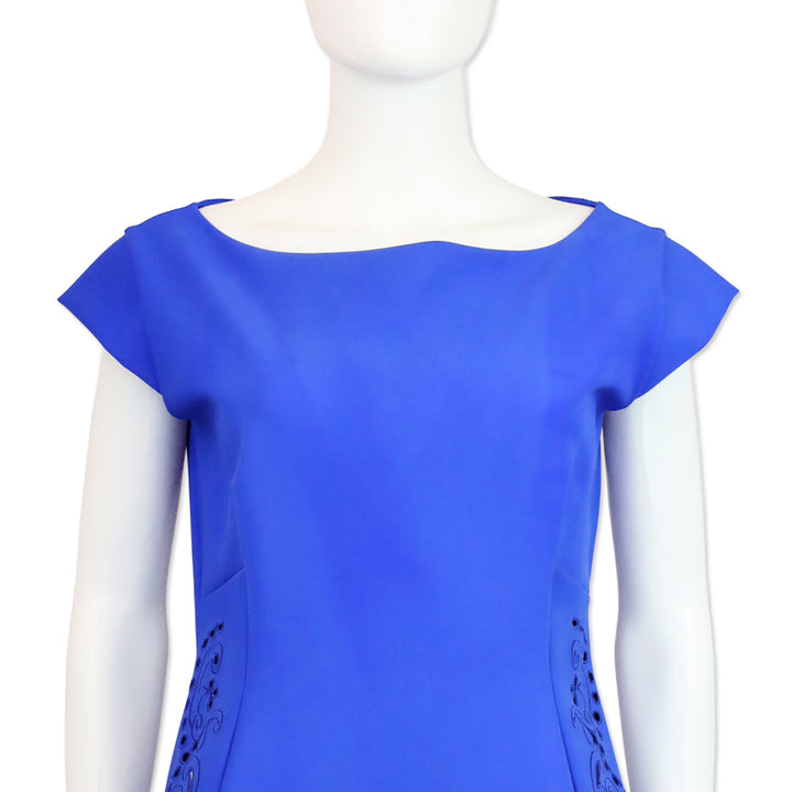 Chiara Boni Blue Jersey Paisley Eyelet Boat Neck Midi Dress