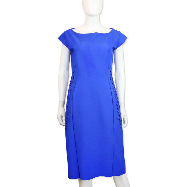 Chiara Boni Blue Jersey Paisley Eyelet Boat Neck Midi Dress