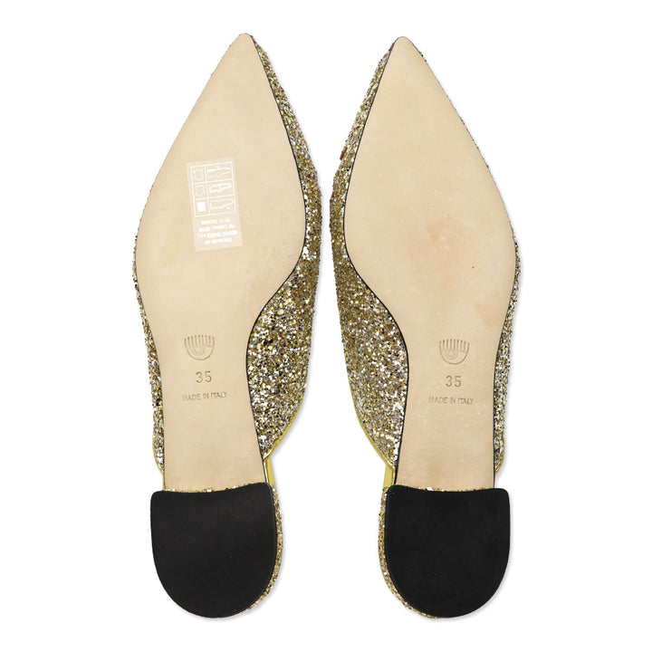 Chiara Ferragini 'Suite Life' Gold Glitter Flat Mules