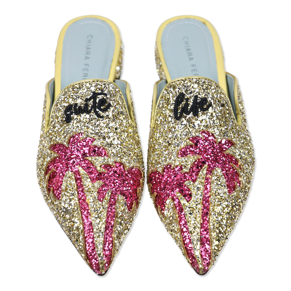 Chiara Ferragini 'Suite Life' Gold Glitter Flat Mules