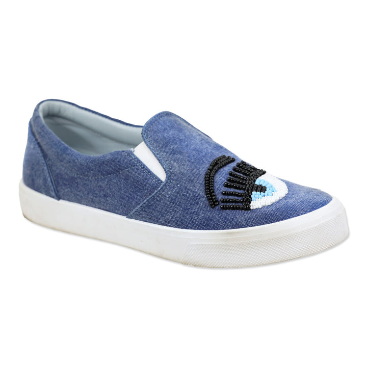 Chiara Ferragni Flirting Eye Beaded Denim Slip-On Sneakers