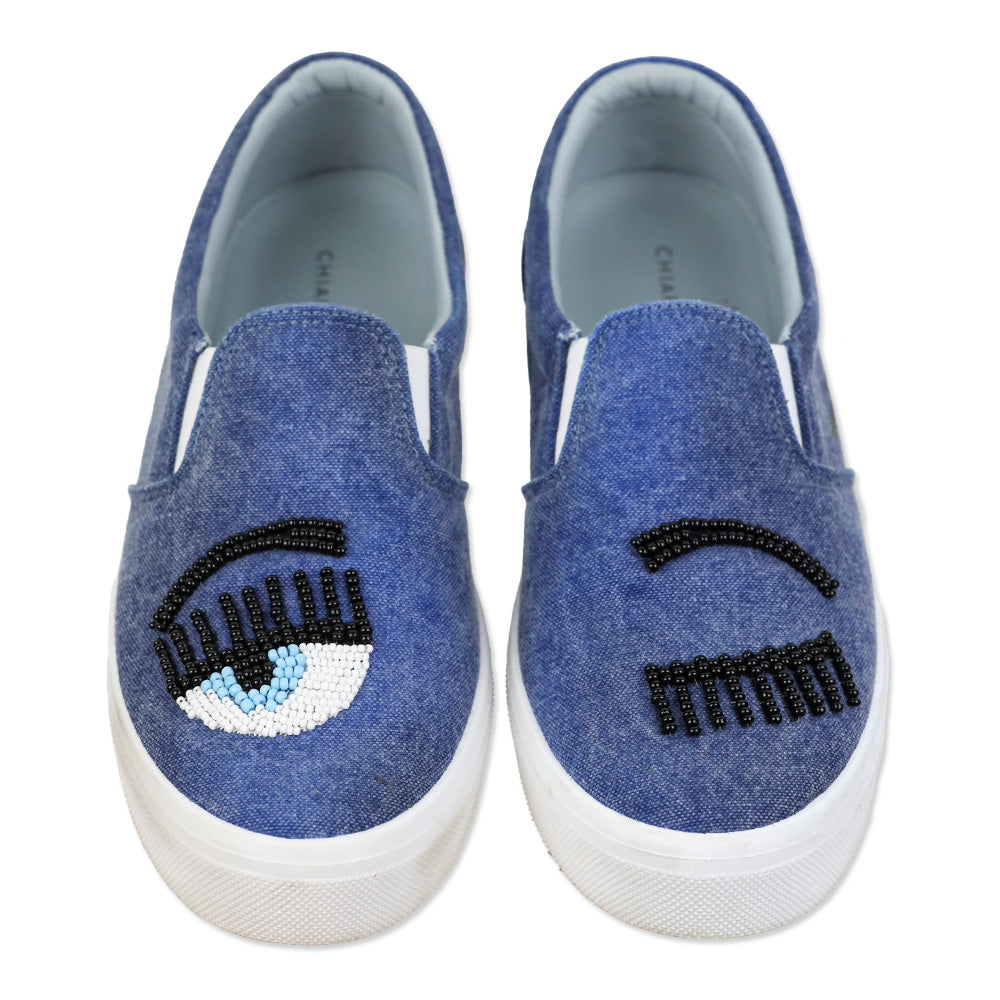 Chiara Ferragni Flirting Eye Beaded Denim Slip-On Sneakers