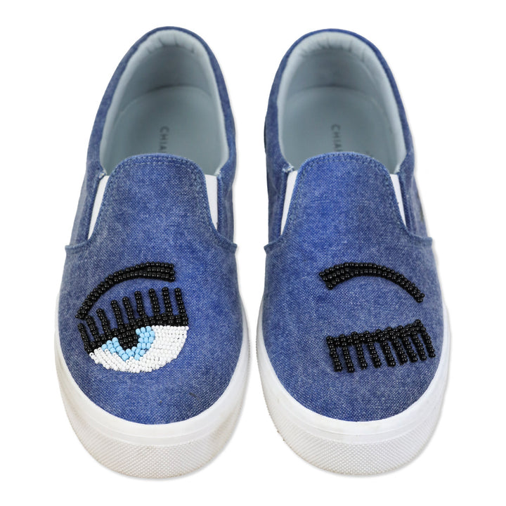 Chiara Ferragni Flirting Eye Beaded Denim Slip-On Sneakers