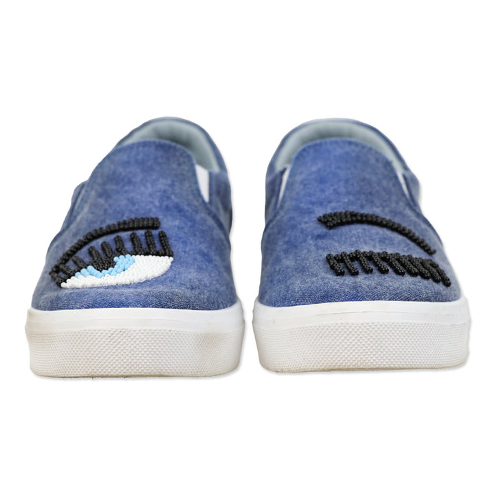 Chiara Ferragni Flirting Eye Beaded Denim Slip-On Sneakers