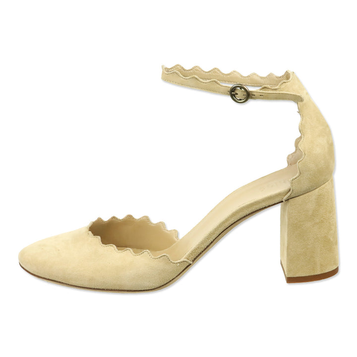 Chloe Beige Suede Scalloped Lauren Ankle-Strap Pump